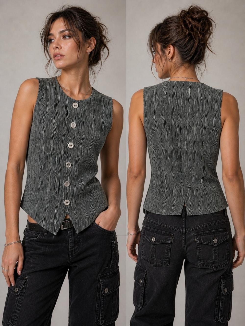 Portara Vintage Vest Pewter Unique Buttons Black Grey Crinkle Goth Punk Size 8
